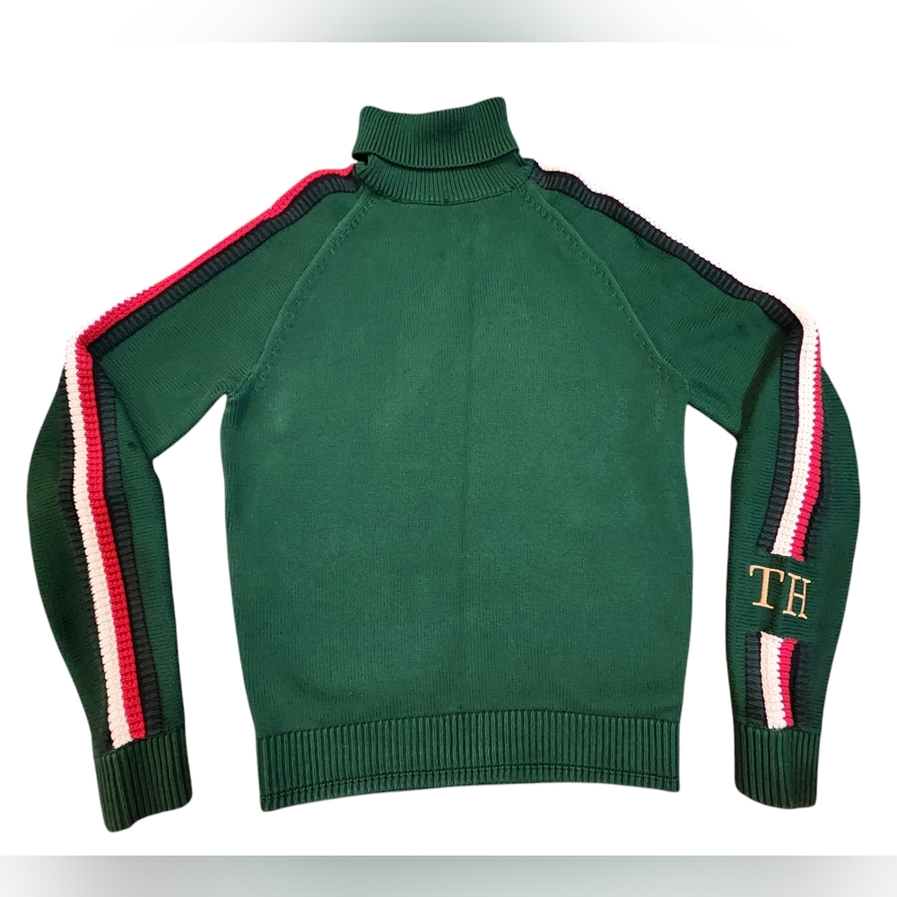 TOMMY HILFIGER Petite Small Green Knit Turtleneck Sweater w/ Embroidered Sleeve